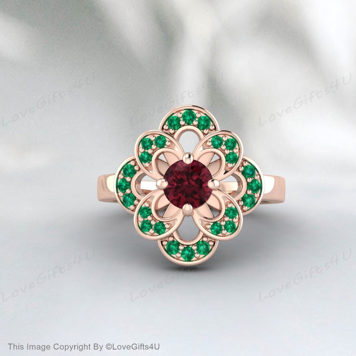 Red Rhodolite Garnet Green Emerald Flower Ring Bridal Engagement Ring