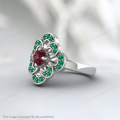 Red Rhodolite Garnet Green Emerald Flower Ring Bridal Engagement Ring