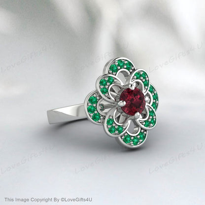 Red Rhodolite Garnet Green Emerald Flower Ring Bridal Engagement Ring