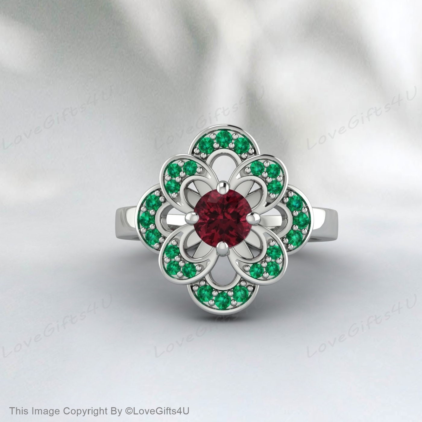 Red Rhodolite Garnet Green Emerald Flower Ring Bridal Engagement Ring