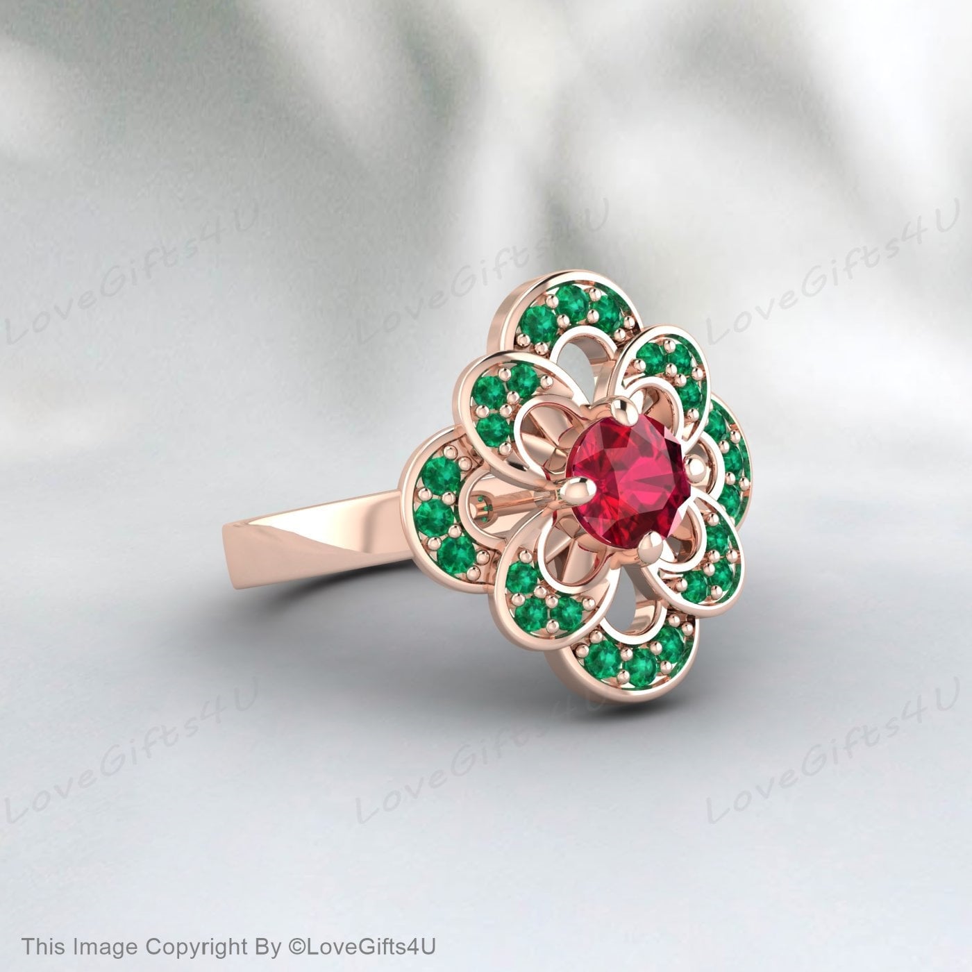 Round Ruby Ring Emerald Silver Engagement Ring Wedding Gift For Her