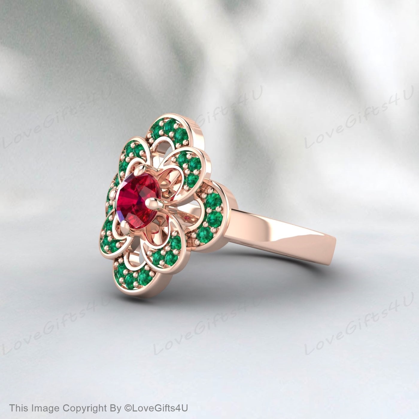 Round Ruby Ring Emerald Silver Engagement Ring Wedding Gift For Her