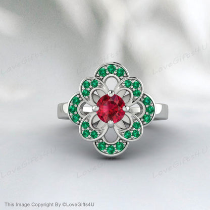 Round Ruby Ring Emerald Silver Engagement Ring Wedding Gift For Her