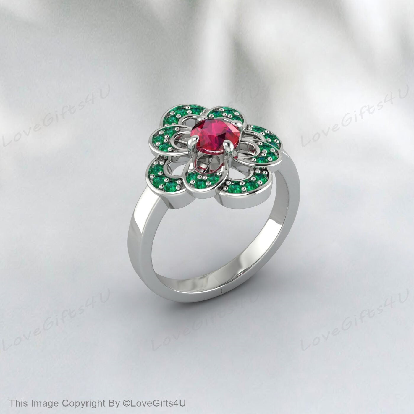 Round Ruby Ring Emerald Silver Engagement Ring Wedding Gift For Her