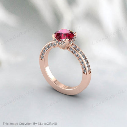 Bague de fiançailles demi-éternité rubis taille ronde, bague de promesse de mariée