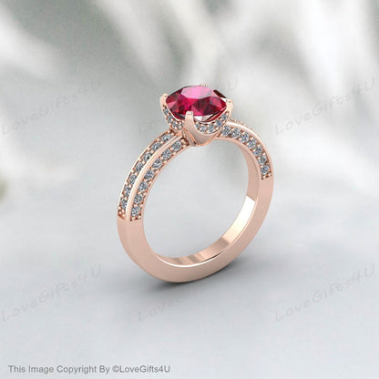 Bague de fiançailles demi-éternité rubis taille ronde, bague de promesse de mariée