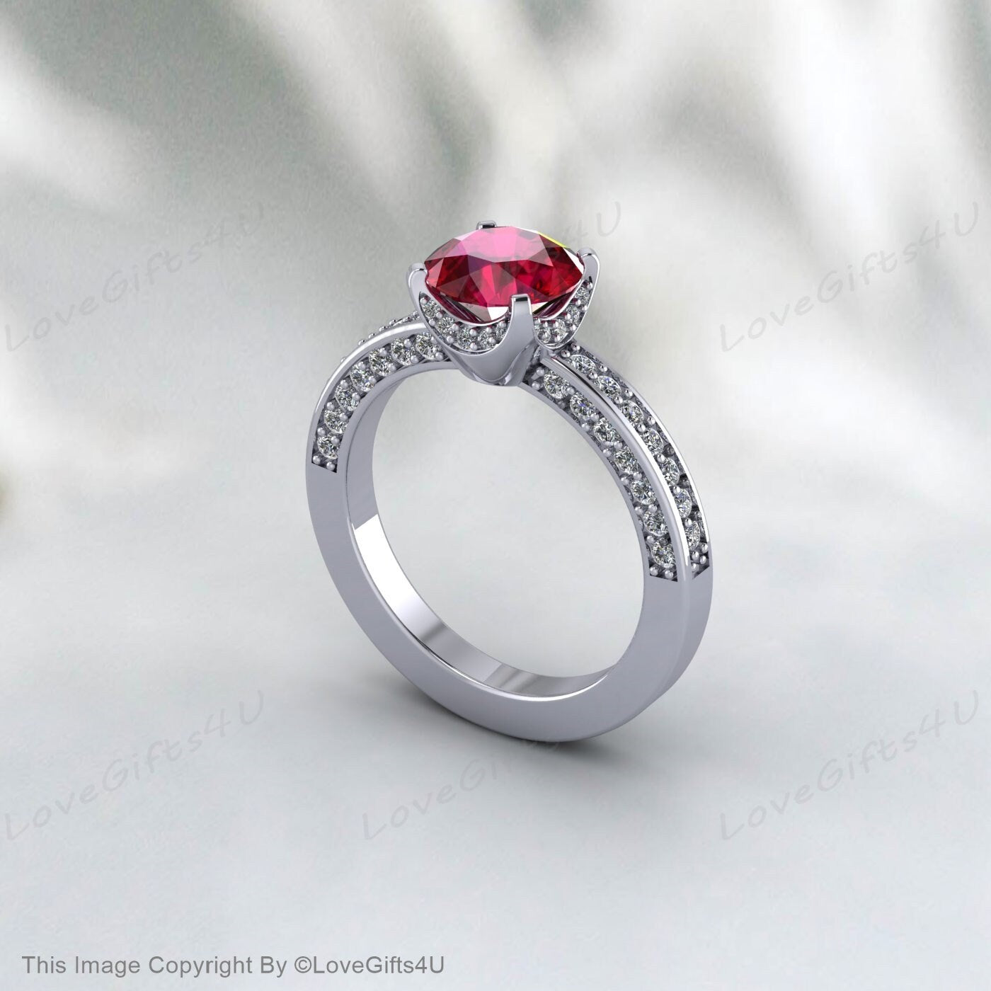 Bague de fiançailles demi-éternité rubis taille ronde, bague de promesse de mariée