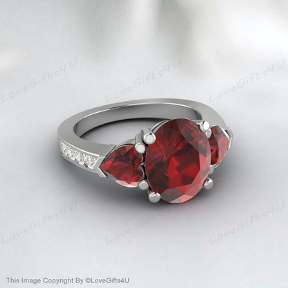 Bague grenat rouge, bague à trois pierres, argent sterling 925, bague en pierre de naissance de janvier, bague vintage, cadeau pour femmes, bague en pierre précieuse rouge, coupe ovale