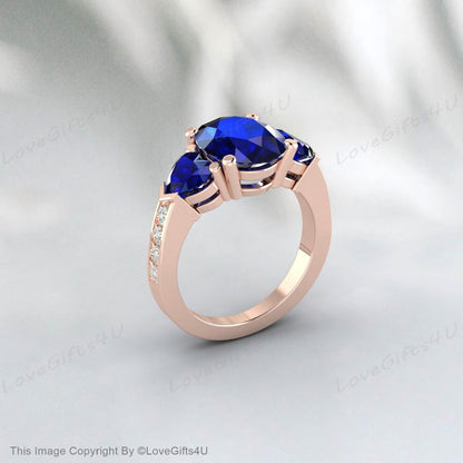 Silver Blue Sapphire Oval Cut September Birthstone Engagement Ring