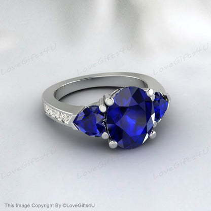 Silver Blue Sapphire Oval Cut September Birthstone Engagement Ring