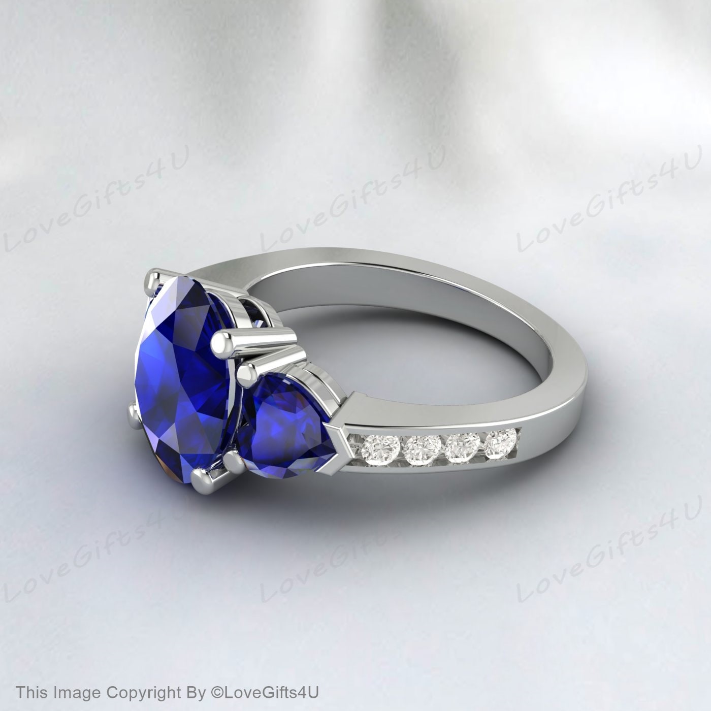 Silver Blue Sapphire Oval Cut September Birthstone Engagement Ring