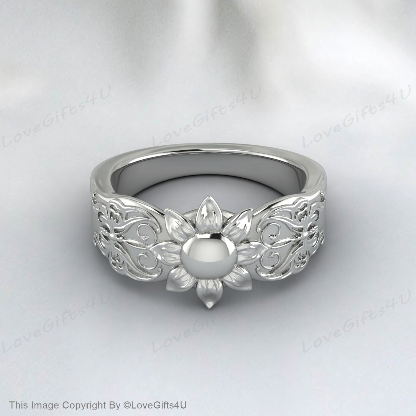 Silver Flower Garden Bouquet Promise Ring Wedding  Band  For Women