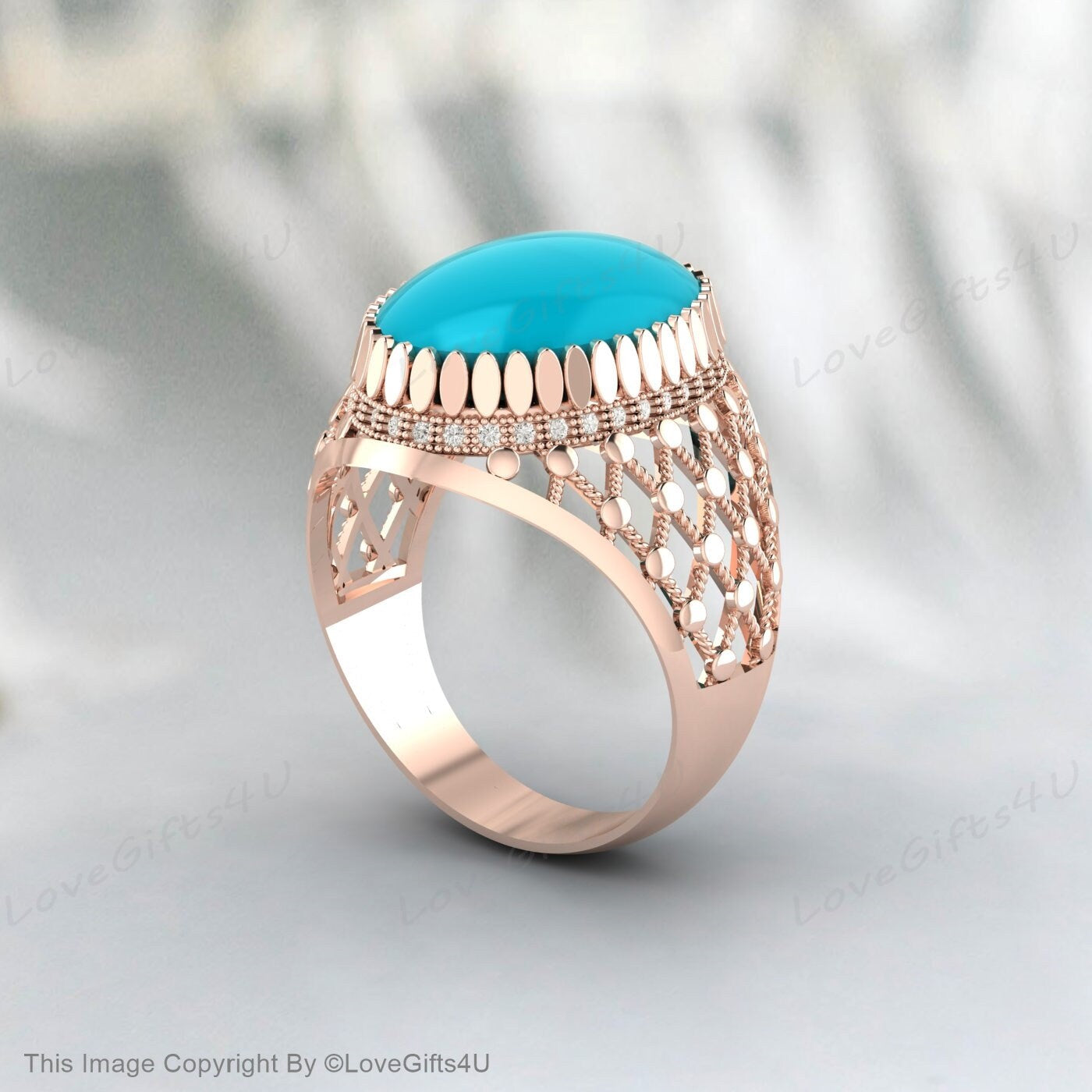 Men Big Turquoise Ring Nishapuri Natural Feroza Silver Filligree Ring