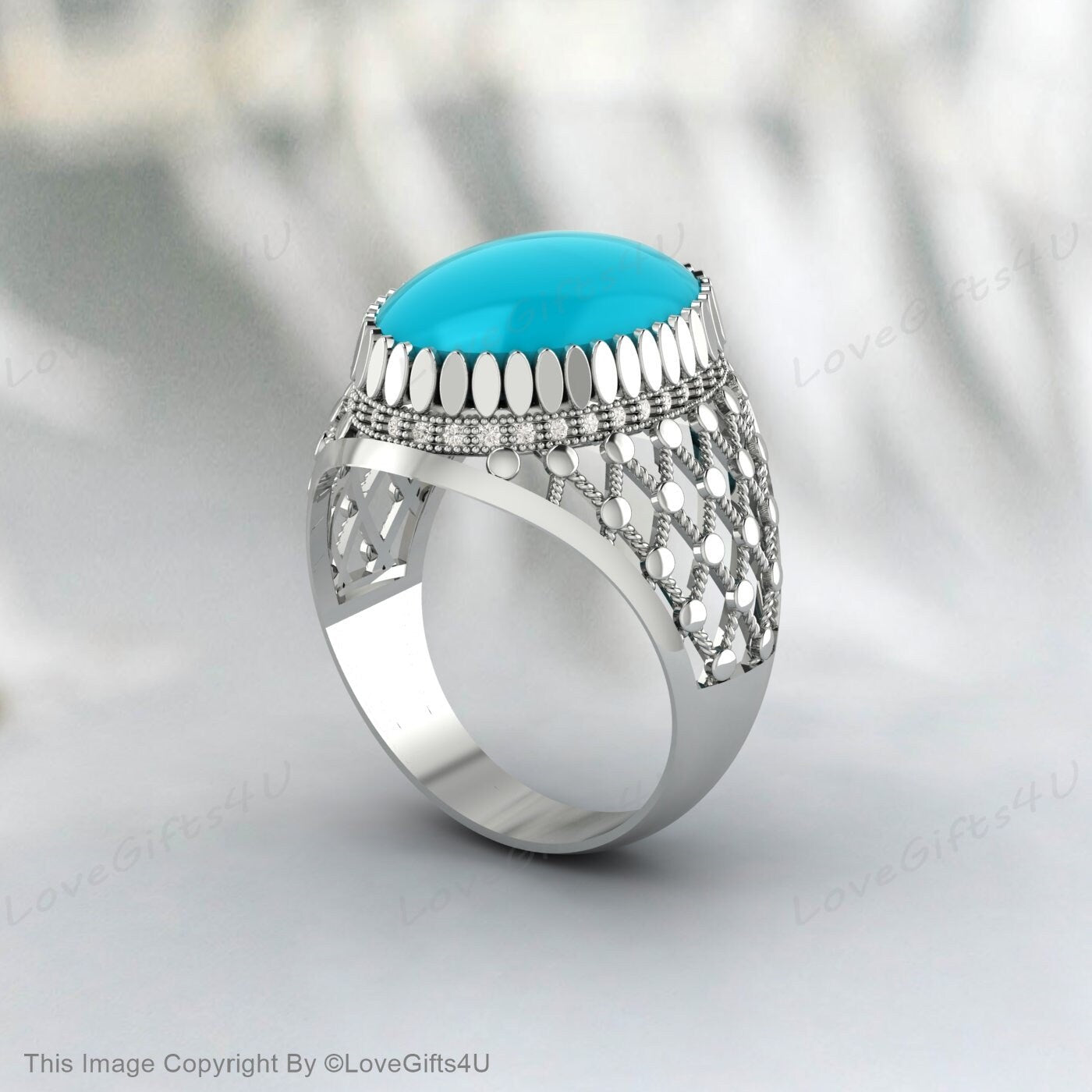 Bague homme grande Turquoise Nishapuri naturel Feroza argent filigrane bague