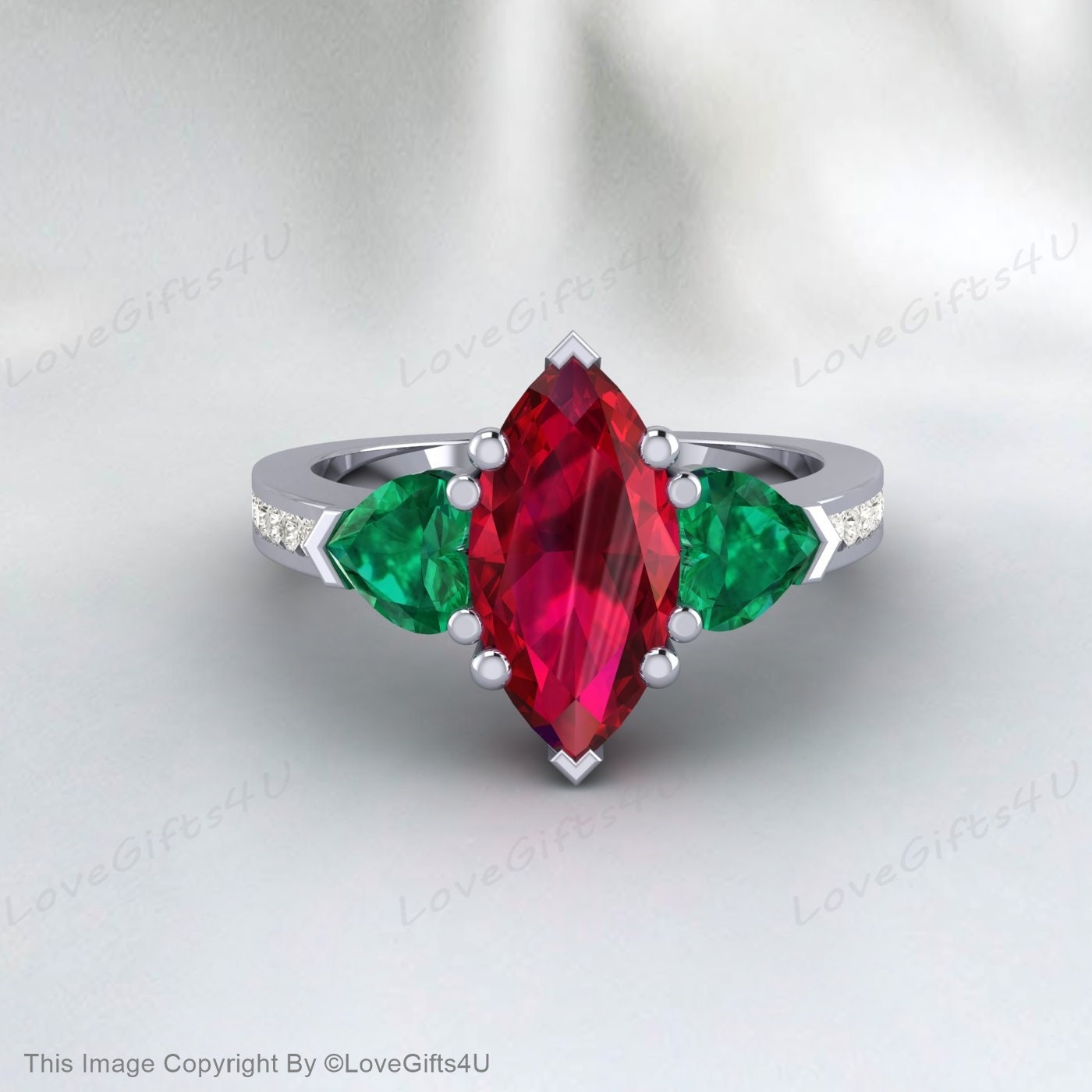 Trillion Emerald Ring Marquise Ruby Engagement Ring Anniversary Ring