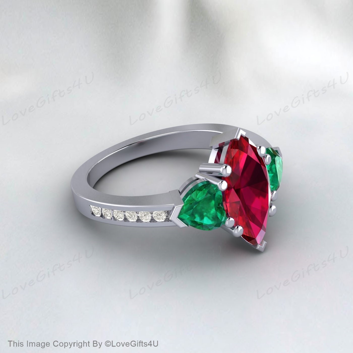 Trillion Emerald Ring Marquise Ruby Engagement Ring Anniversary Ring