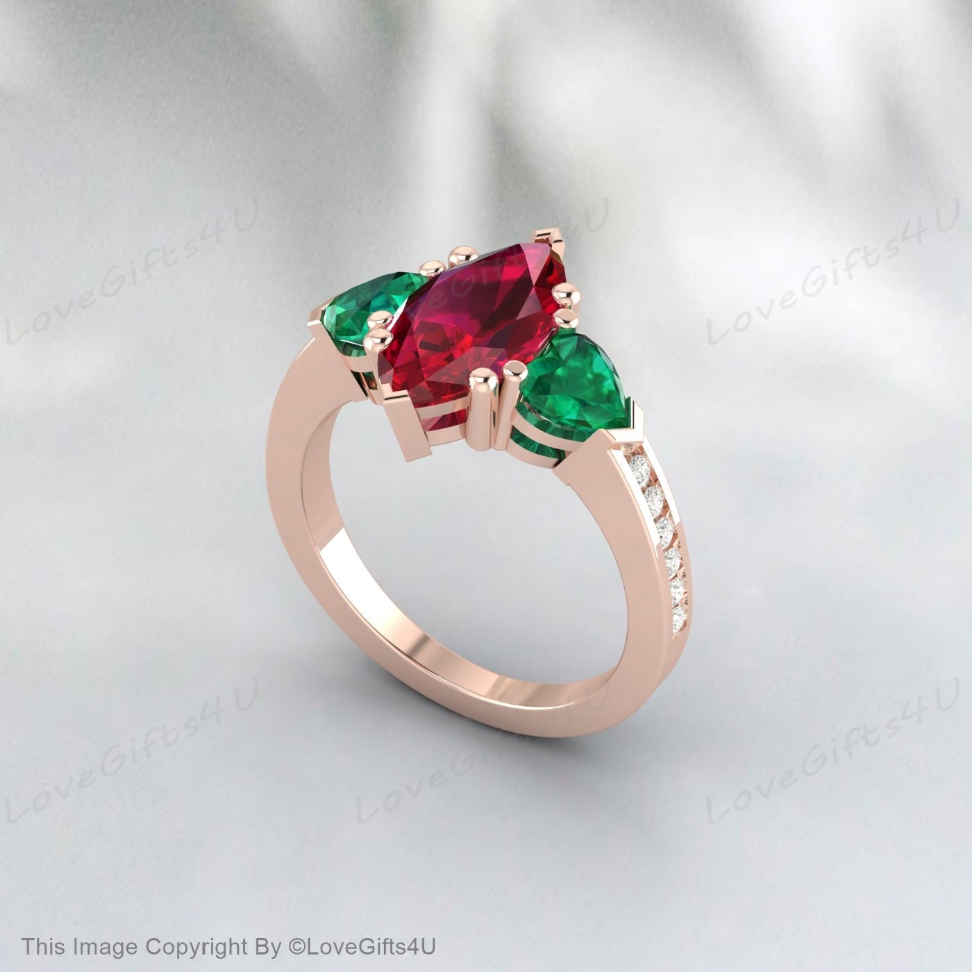 Trillion Emerald Ring Marquise Ruby Engagement Ring Anniversary Ring