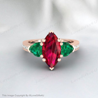 Trillion Emerald Ring Marquise Ruby Engagement Ring Anniversary Ring