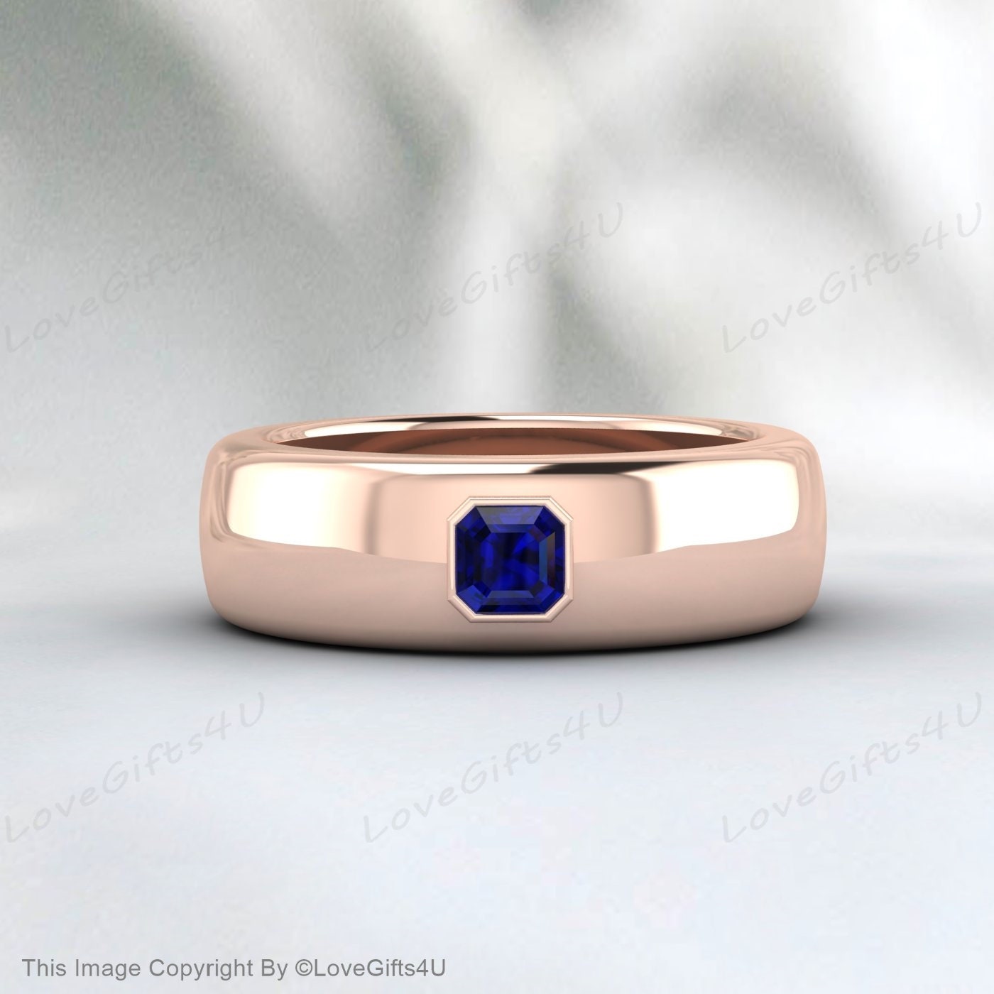 Princess Cut Blue Sapphire Cobalt Ring, Brushed Beveled Cobalt Wedding Band, Mens Cobalt Anniversary Band Comfort Fit