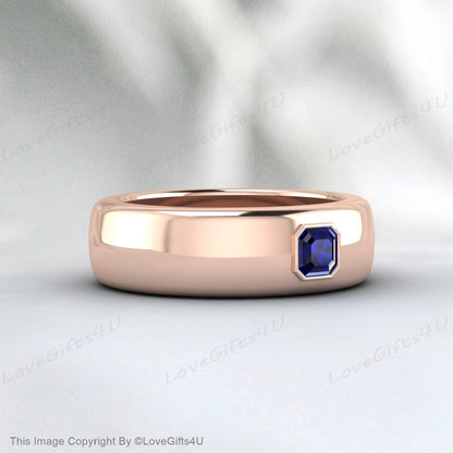 Princess Cut Blue Sapphire Cobalt Ring, Brushed Beveled Cobalt Wedding Band, Mens Cobalt Anniversary Band Comfort Fit