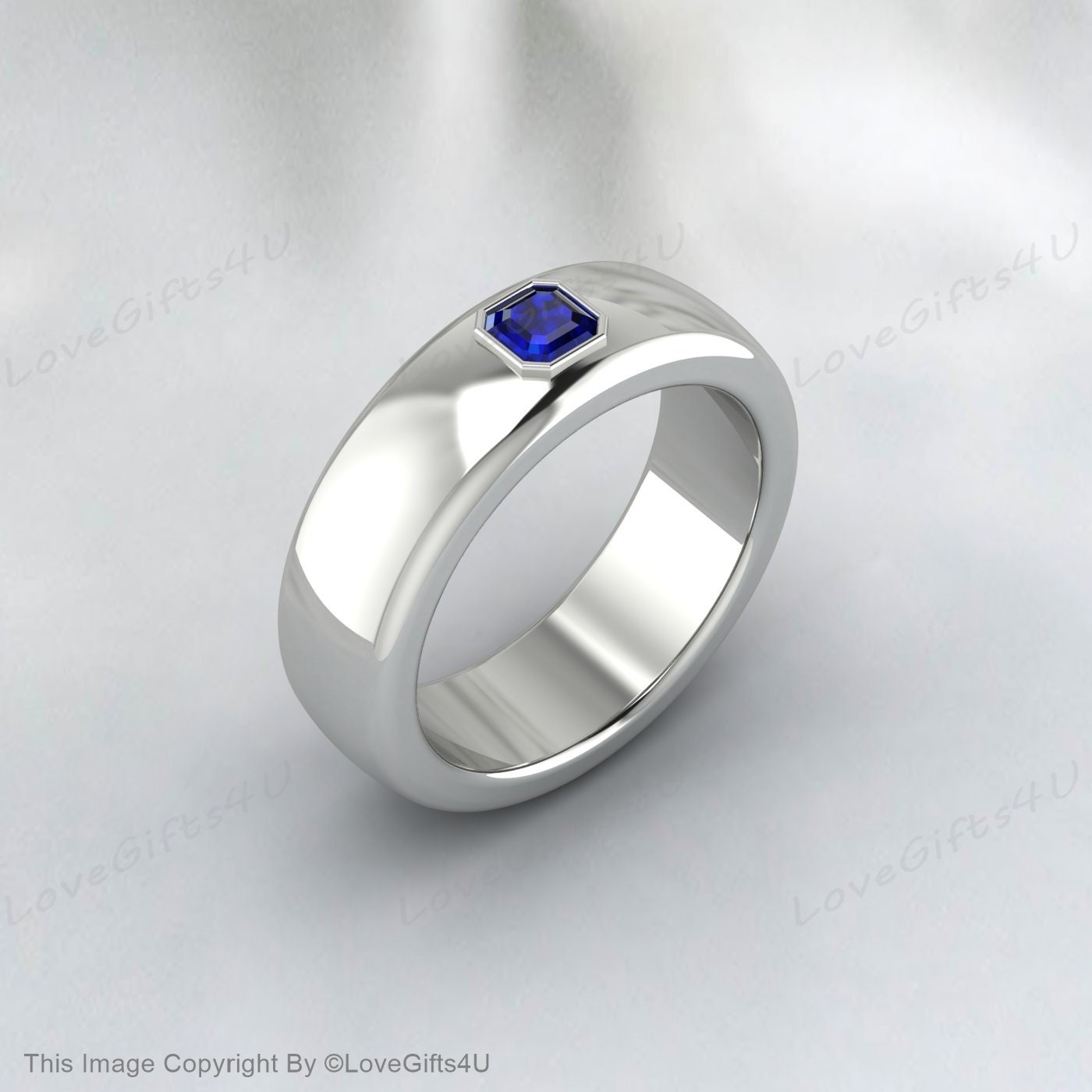 Princess Cut Blue Sapphire Cobalt Ring, Brushed Beveled Cobalt Wedding Band, Mens Cobalt Anniversary Band Comfort Fit