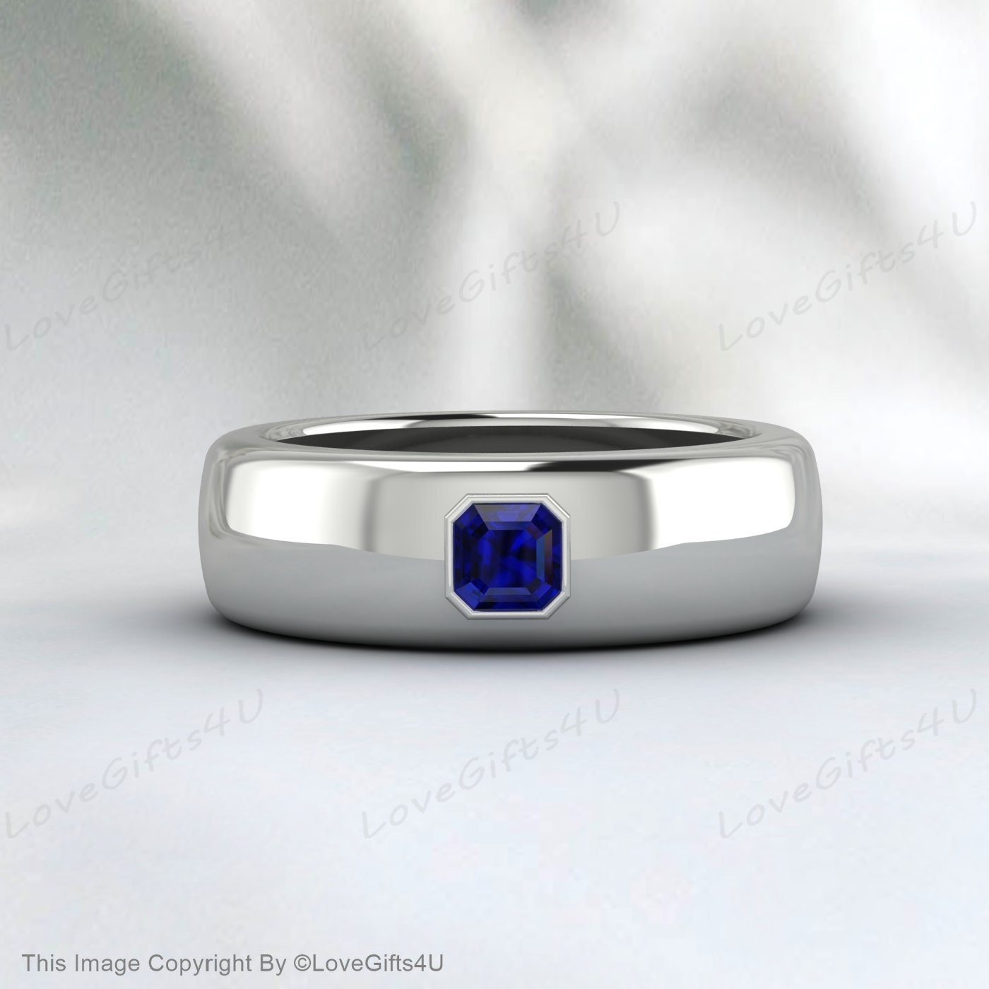 Princess Cut Blue Sapphire Cobalt Ring, Brushed Beveled Cobalt Wedding Band, Mens Cobalt Anniversary Band Comfort Fit