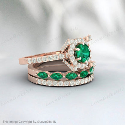 Emerald Ring Round Emerald Engagement Ring Set Halo Diamond Band