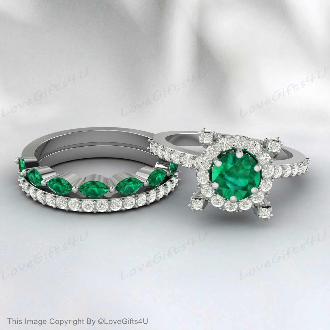 Emerald Ring Round Emerald Engagement Ring Set Halo Diamond Band