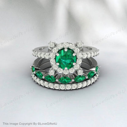 Emerald Ring Round Emerald Engagement Ring Set Halo Diamond Band