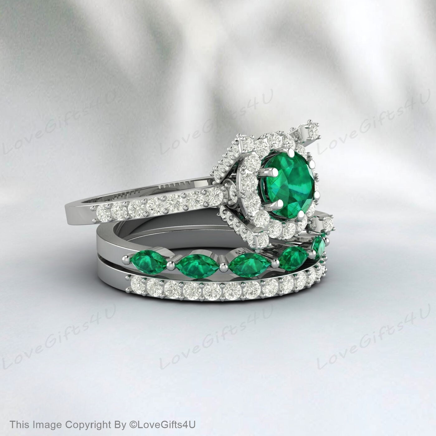 Emerald Ring Round Emerald Engagement Ring Set Halo Diamond Band