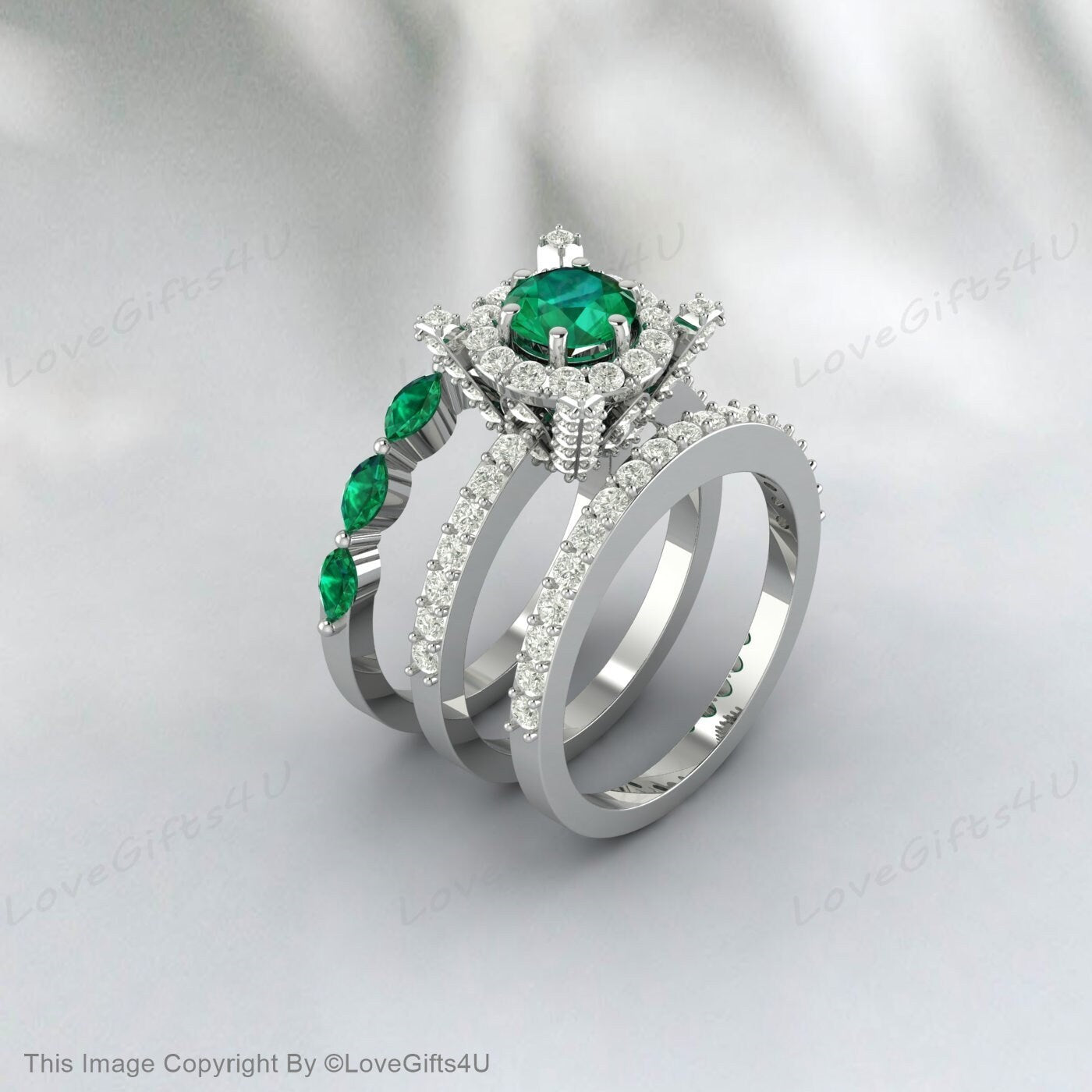 Emerald Ring Round Emerald Engagement Ring Set Halo Diamond Band