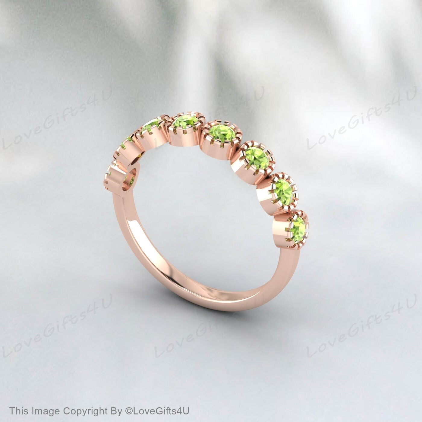 Bague de mariage péridot délicate 14 carats bande de mariage en or rose demi-éternité bande péridot verte assortie bague d’empilage cadeau de promesse nuptiale pour les femmes