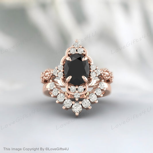 Schwarzer Onyx Ehering Set Blumenring Geschenk für Sie Antragsring