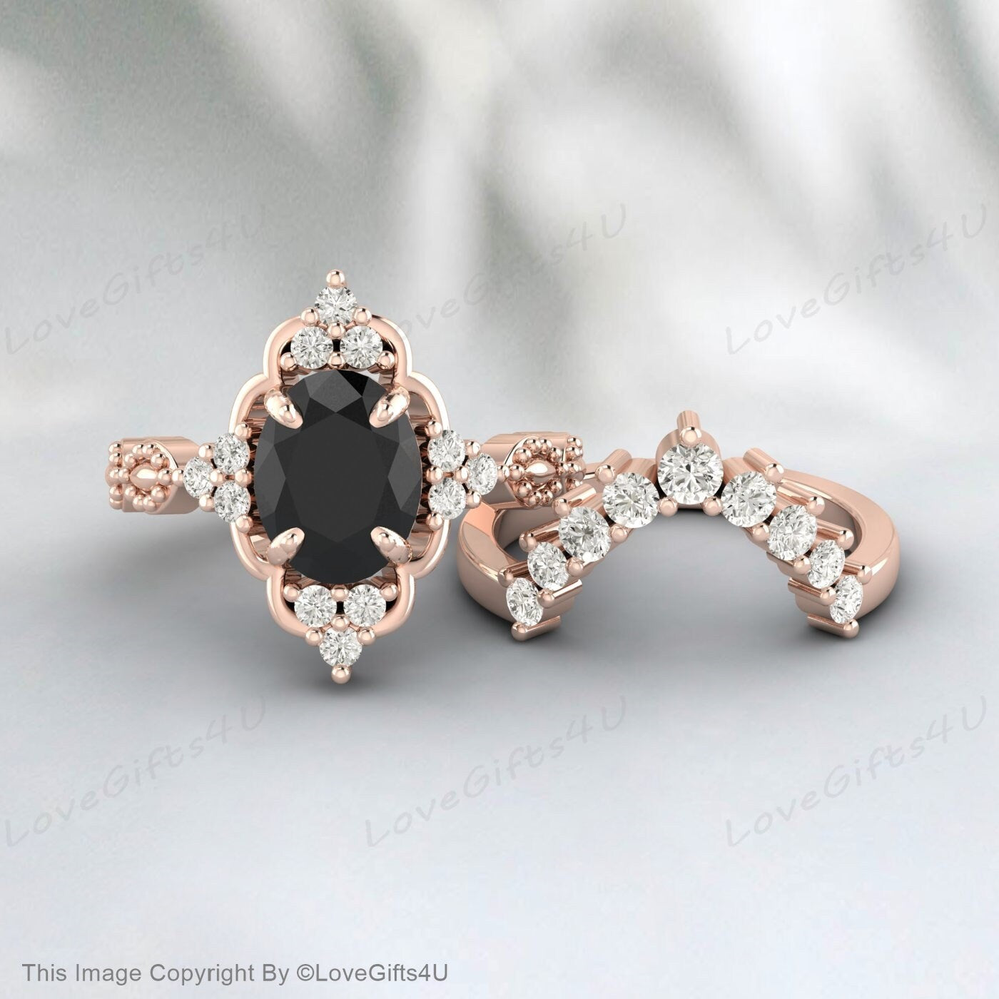 Black Onyx Wedding Ring Set Flower Ring Gift For Her Proposal Ring