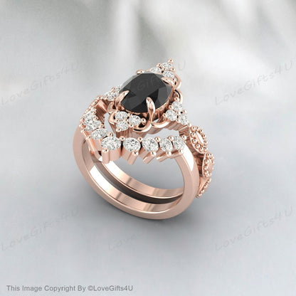 Black Onyx Wedding Ring Set Flower Ring Gift For Her Proposal Ring