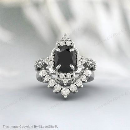 Black Onyx Wedding Ring Set Flower Ring Gift For Her Proposal Ring