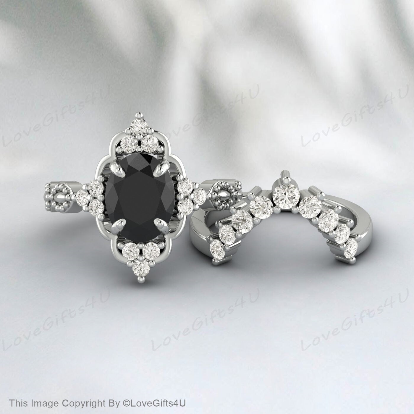 Black Onyx Wedding Ring Set Flower Ring Gift For Her Proposal Ring