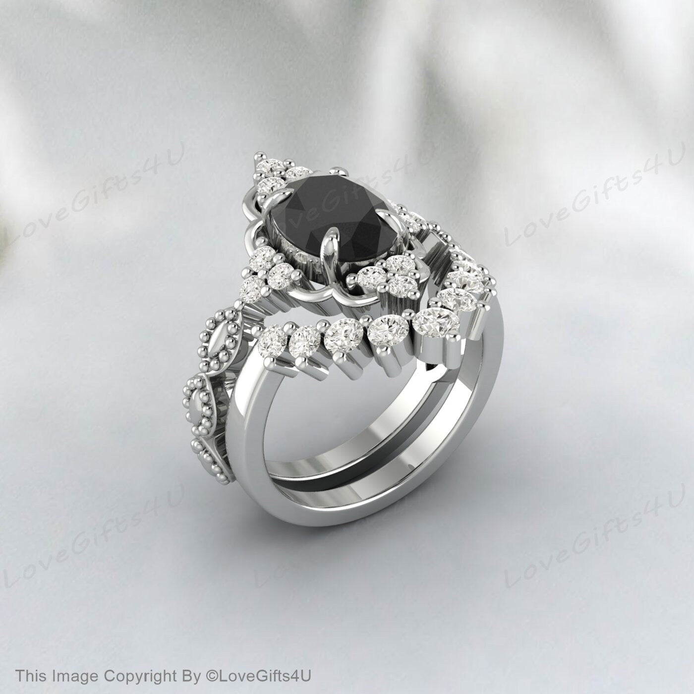 Black Onyx Wedding Ring Set Flower Ring Gift For Her Proposal Ring