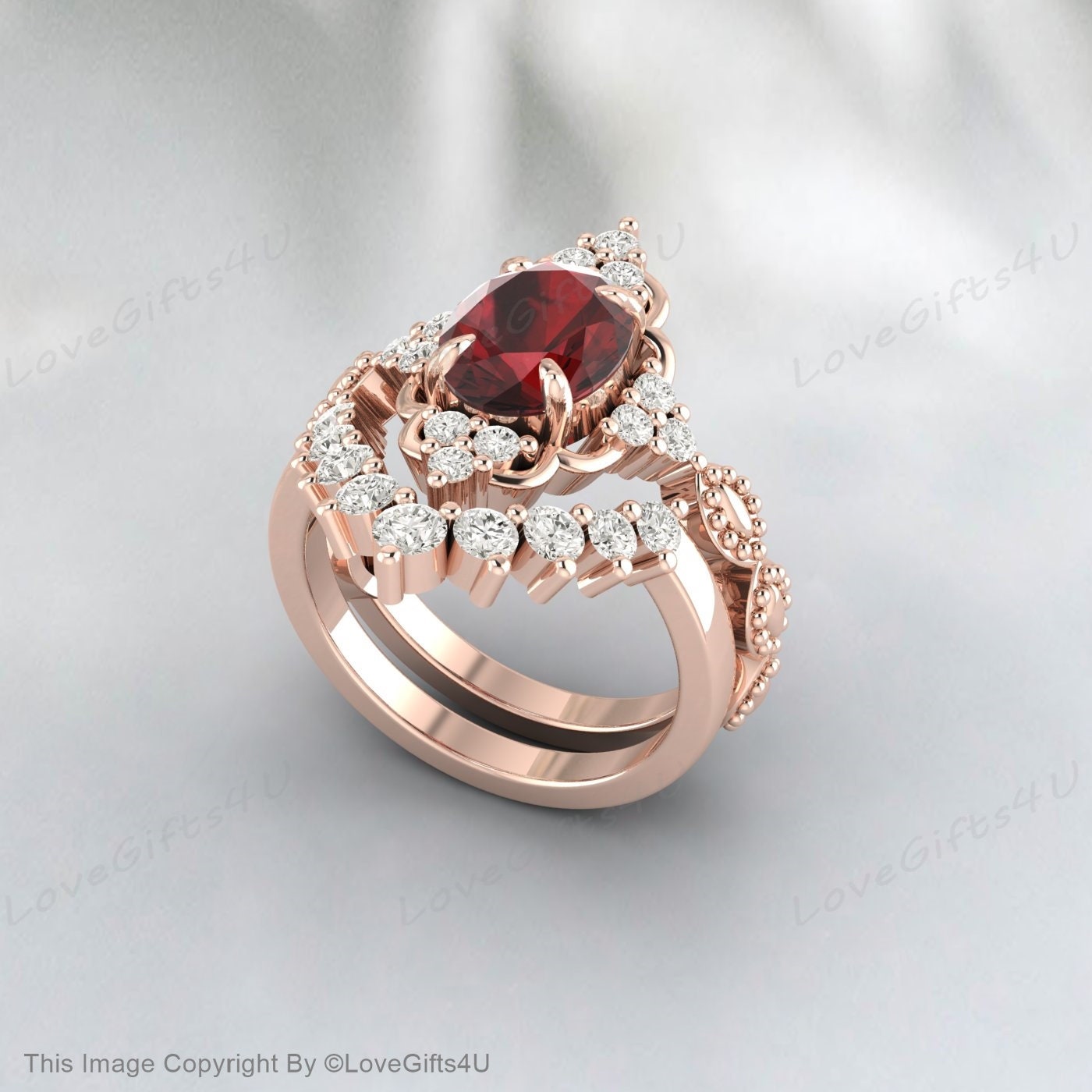 Oval Shape Garnet Silver Ring Set Red Stone Ring Set Gift For Wife