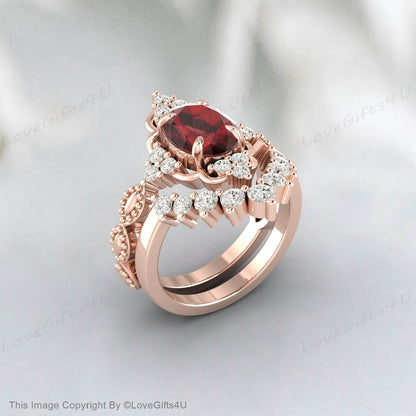 Oval Shape Garnet Silver Ring Set Red Stone Ring Set Gift For Wife