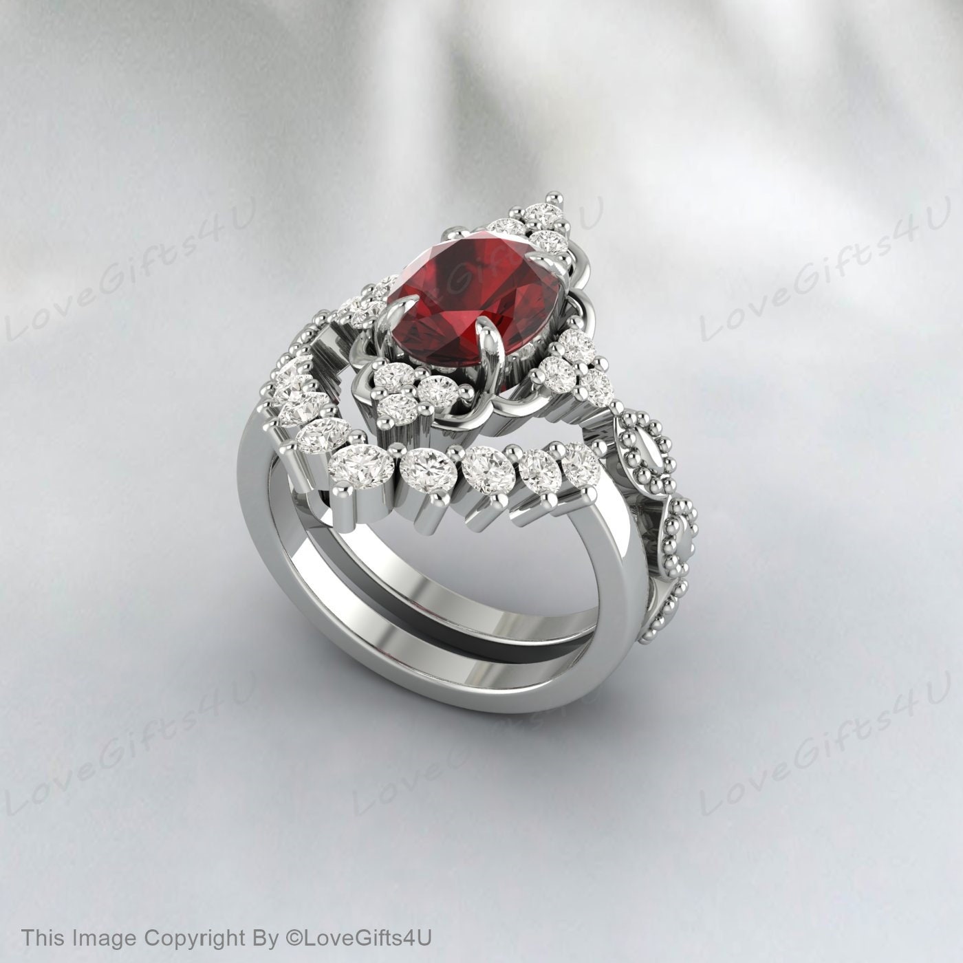 Ensemble de bagues en argent grenat de forme ovale, ensemble de bagues en pierre rouge, cadeau pour femme