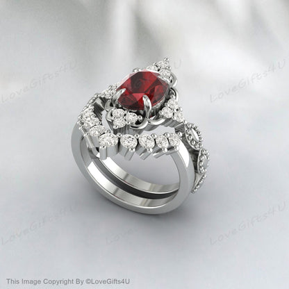 Oval Shape Garnet Silver Ring Set Red Stone Ring Set Gift For Wife