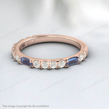 Baguette Alexandrite Ring White Gold Diamond Ring Half Eternity Band