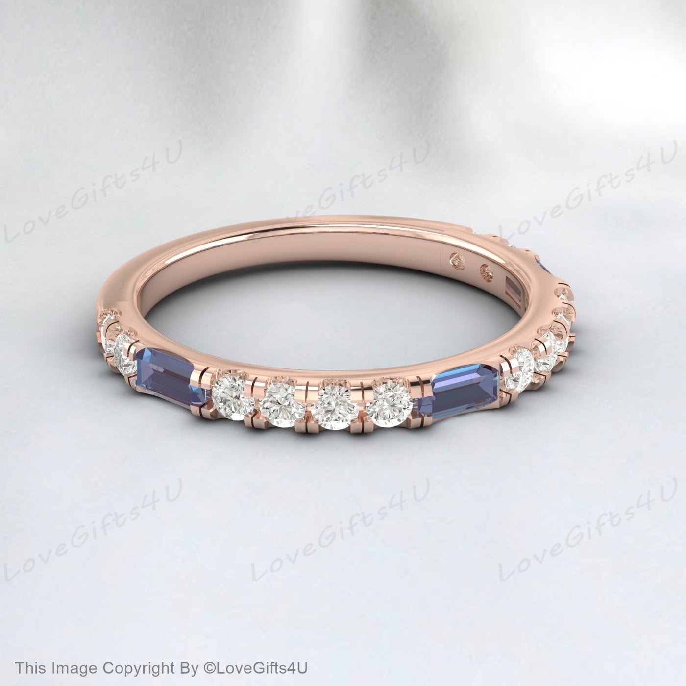 Baguette Alexandrite Ring White Gold Diamond Ring Half Eternity Band