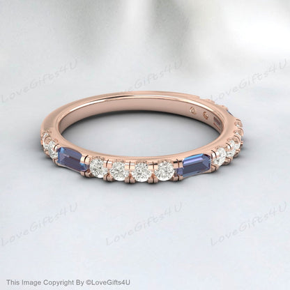 Baguette Alexandrite Ring White Gold Diamond Ring Half Eternity Band