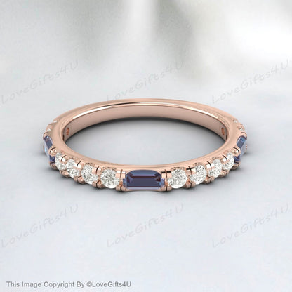 Baguette Alexandrite Ring White Gold Diamond Ring Half Eternity Band