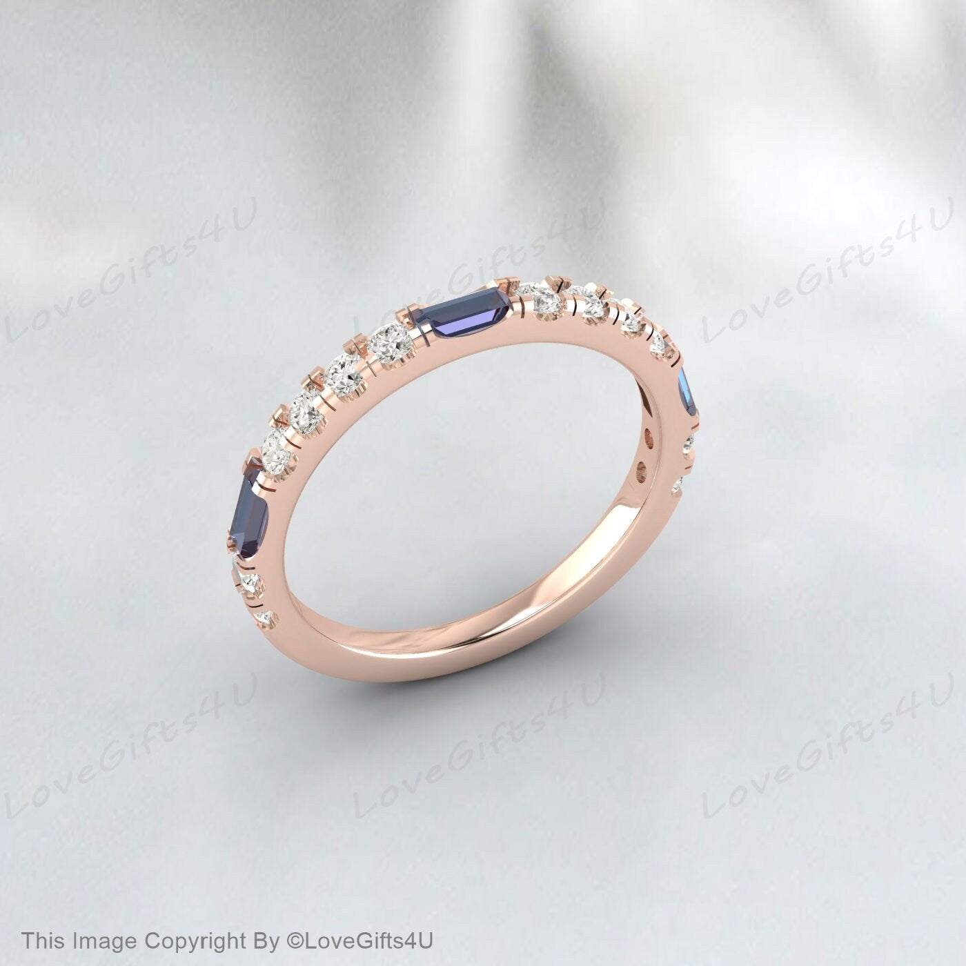 Baguette Alexandrite Ring White Gold Diamond Ring Half Eternity Band