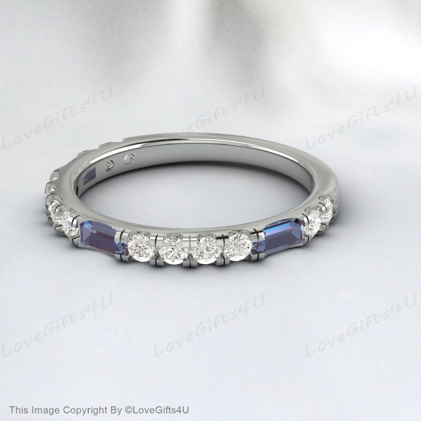 Baguette Alexandrite Ring White Gold Diamond Ring Half Eternity Band