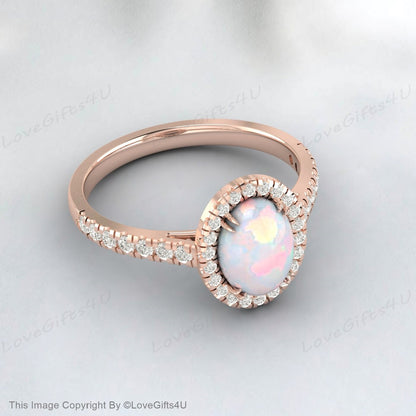 Dainty White Opal Engagement Ring Rose Gold Vintage Moissanite Ring