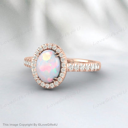 Dainty White Opal Engagement Ring Rose Gold Vintage Moissanite Ring